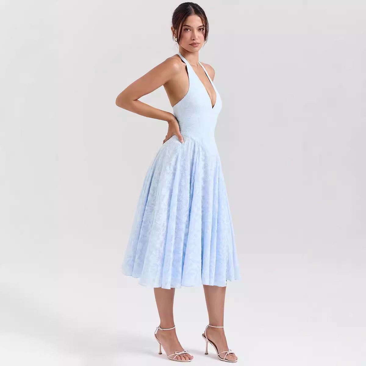 Dress for Women – Slim Fit – A-line Cut – Deep V-neck – Satin-like Fabric – Midi