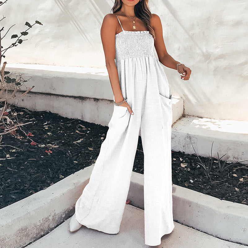 Women's jumpsuit – relaxed fit – ruched bodice – pockets – full length – breathable fabric