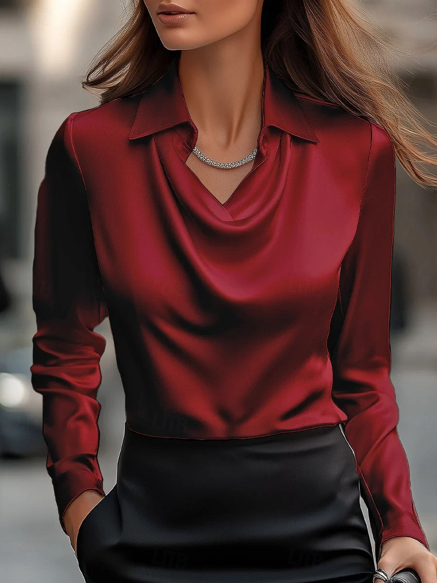 Women's Blouse – Satin-like Fabric – Draped Cowl Neck – Tailored Fit – Long Sleeve