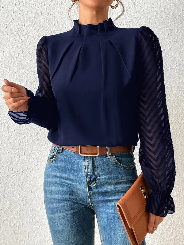 Women's Blouse – Relaxed Fit – High Neck – Sheer Sleeves – Elegant Style