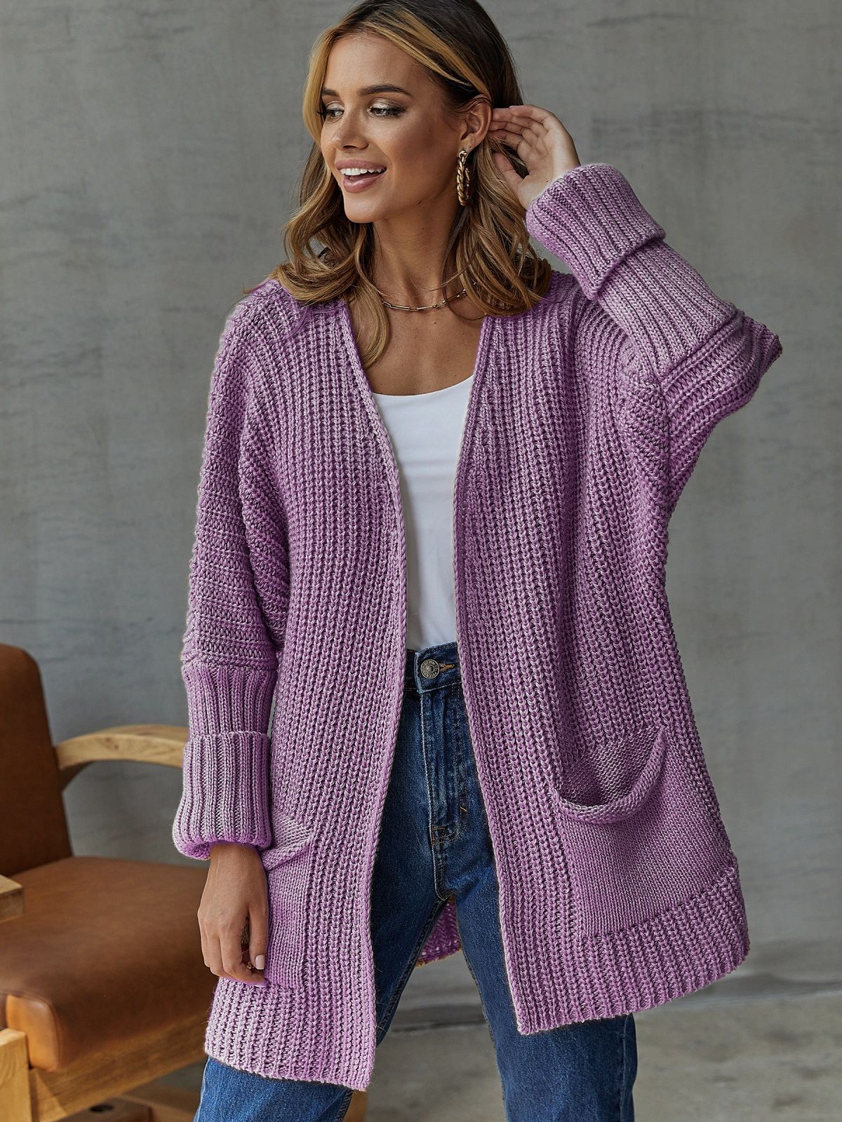 Women's Cardigan Knitted – Oversized Fit – Ribbed Knit – V-Neck – Pockets