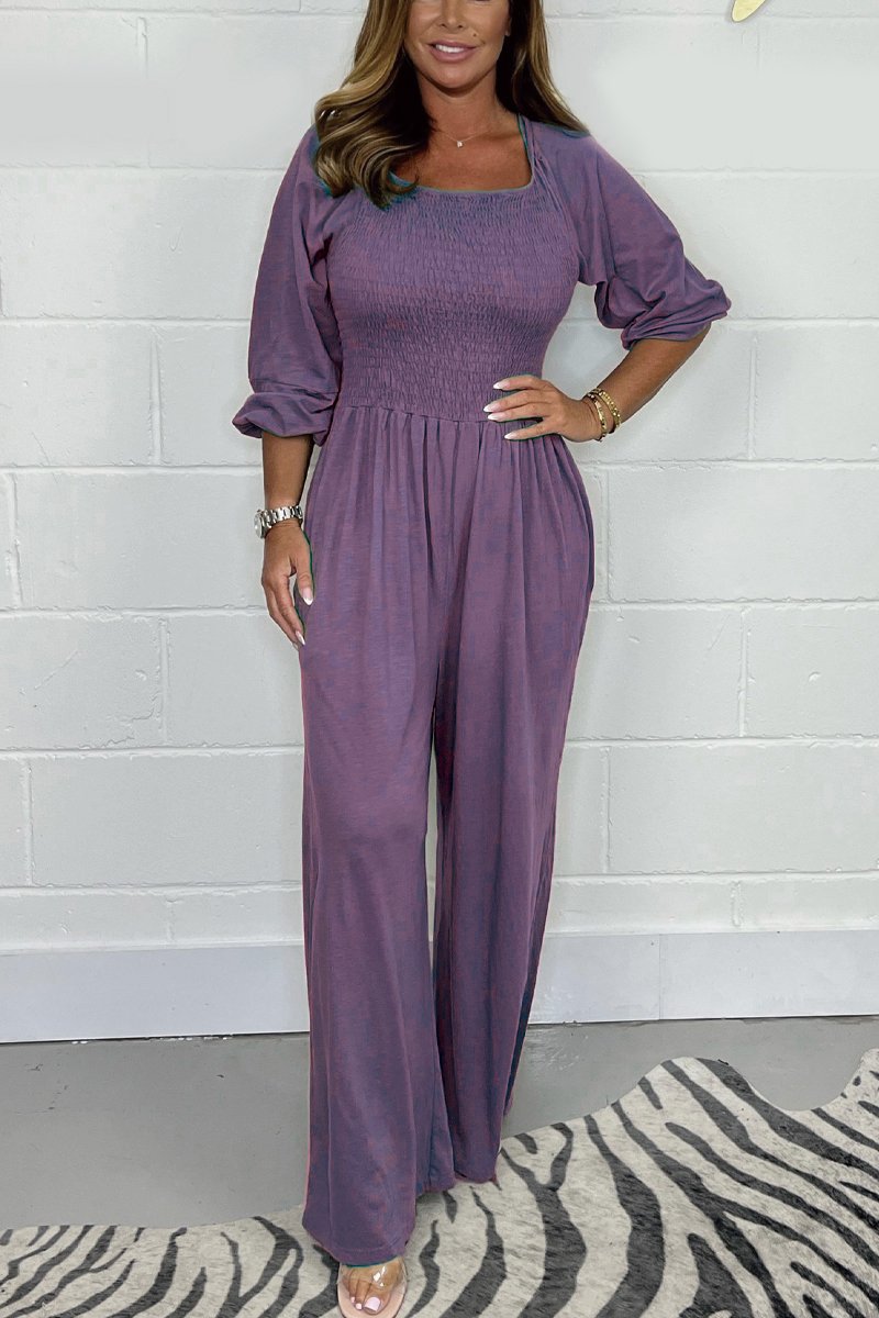 Women's jumpsuit – smocked bodice – cotton blend – wide legs – 3/4 sleeve – square neckline