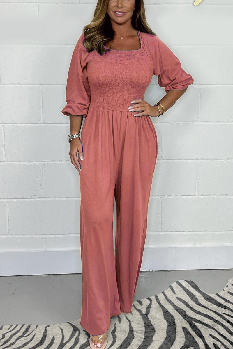 Women's jumpsuit – smocked bodice – cotton blend – wide legs – 3/4 sleeve – square neckline