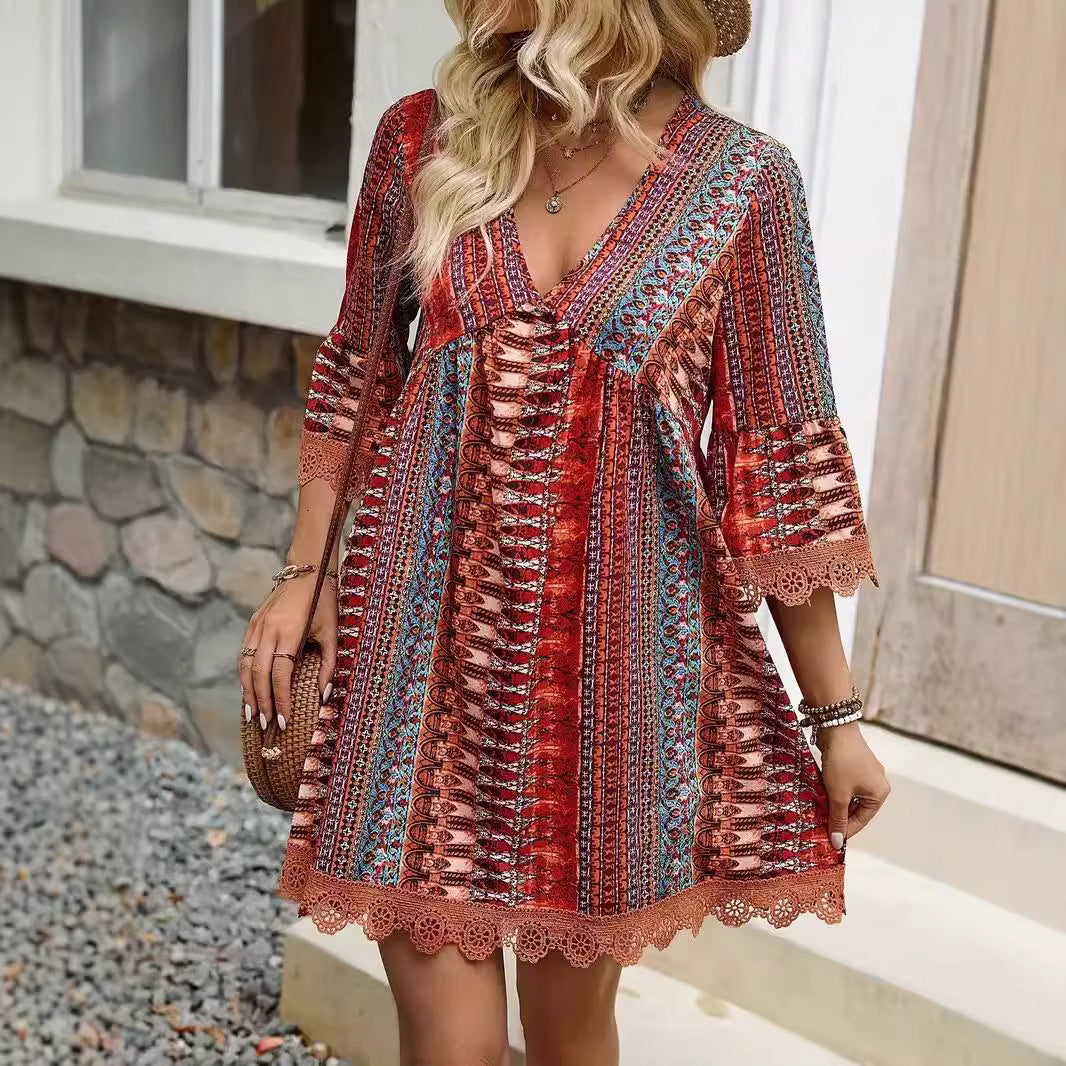 Dress woman – V-neck A-line – Boho pattern – Lace – 3/4 sleeves breathable fit