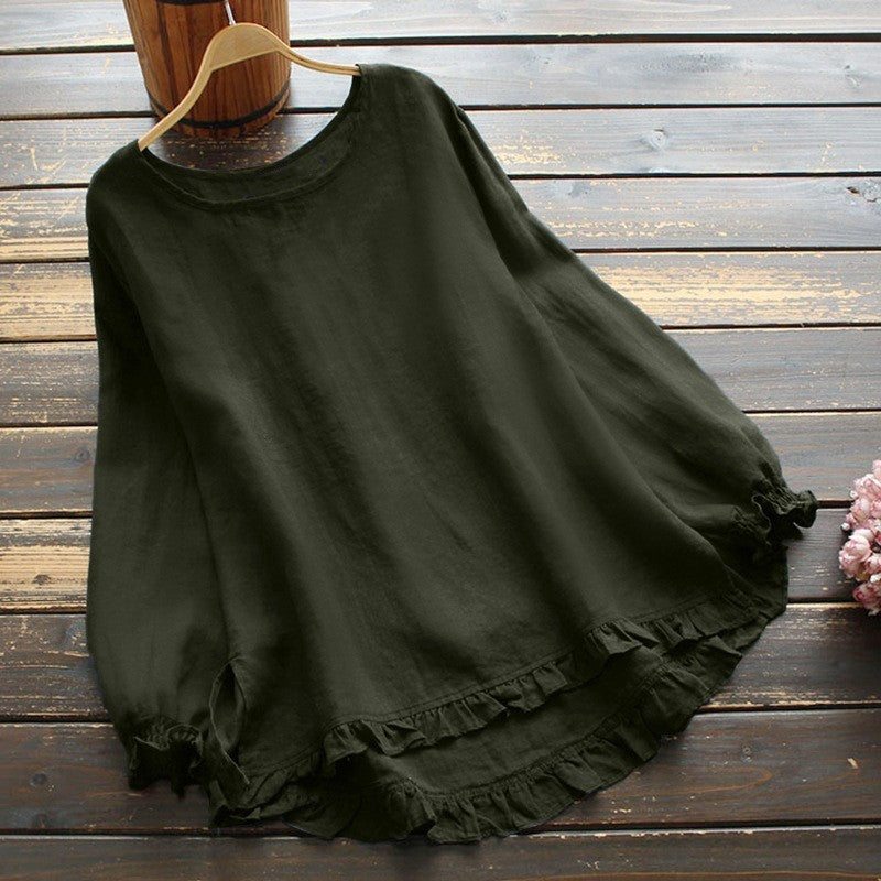 Women's Blouse – Loose Fit – Linen and Cotton – Ruffle Details – Long Sleeves