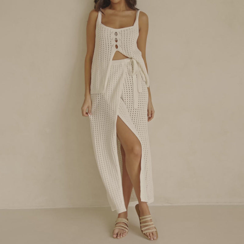 Women's Beach Set – Knitted Crop Top – Maxi Skirt with Slit and Tying