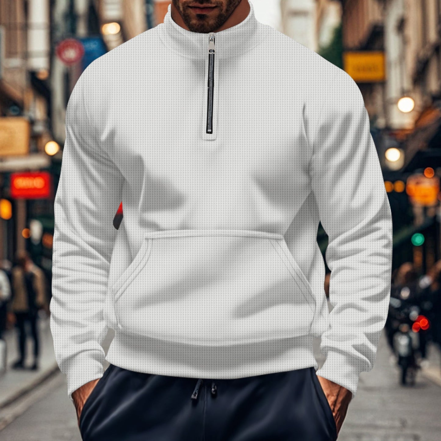 Men's Sweater – Relaxed Fit – Half Zip – Kangaroo Pocket – Ribbed Edges – Cotton Knit