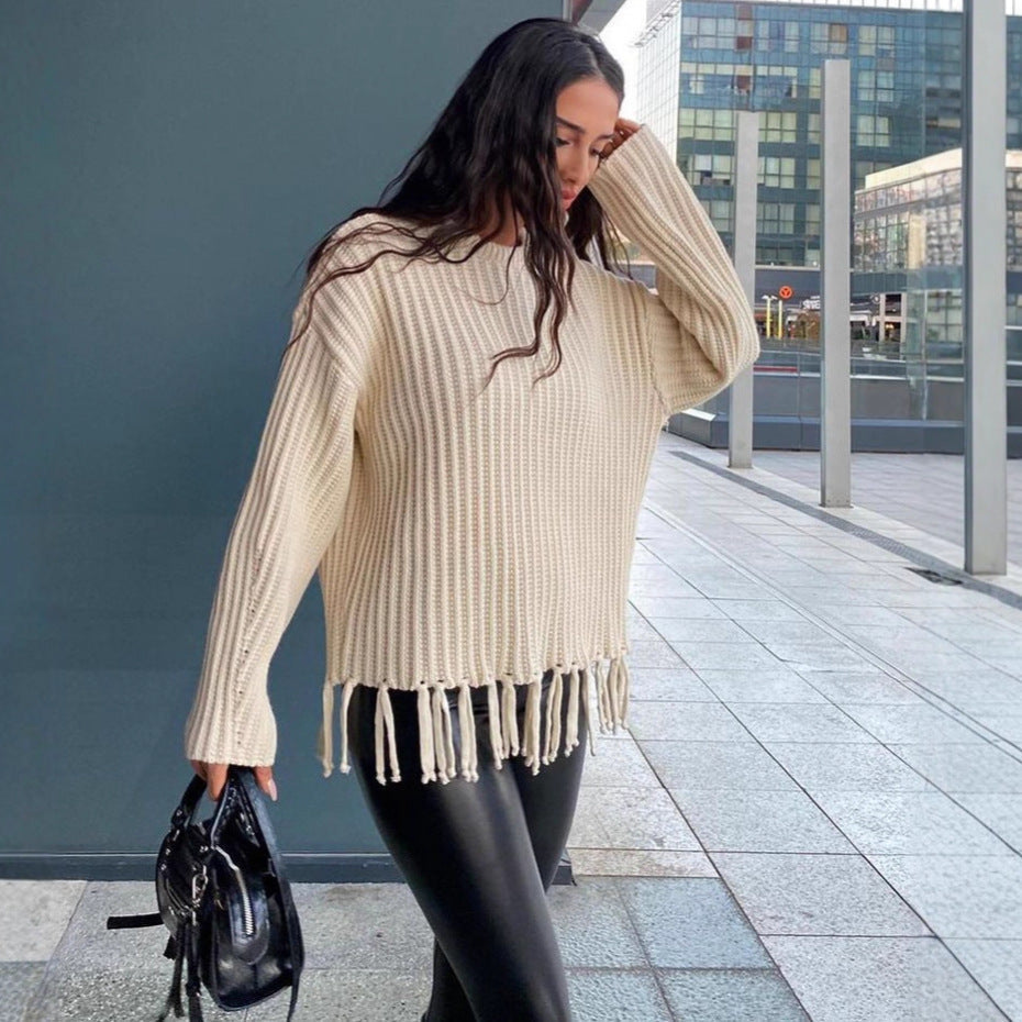 Women's Sweater – Oversized Fit – Wool Blend – Rib Knit – Fringe Hem