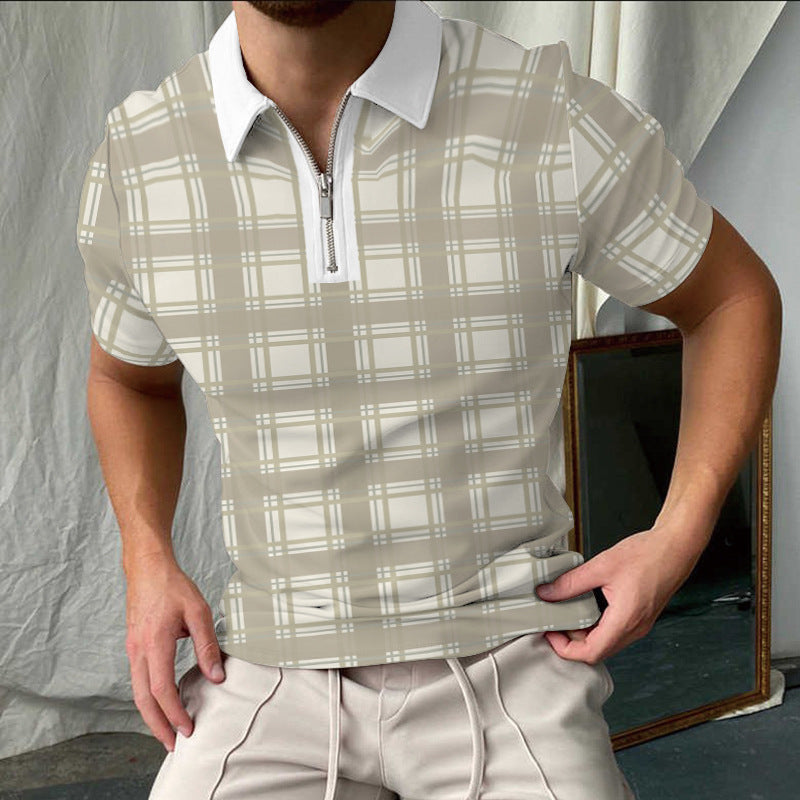 Men's Polo Shirt – Slim Fit – Check Pattern – Short Sleeve – Zipper Collar