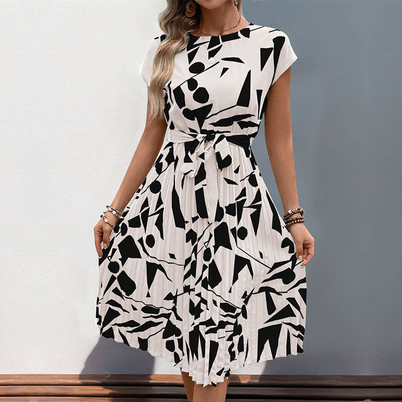 Dress woman midi – pleated A-line – geometric pattern – belt – short sleeve