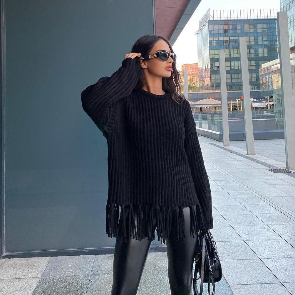 Women's Sweater – Oversized Fit – Wool Blend – Rib Knit – Fringe Hem