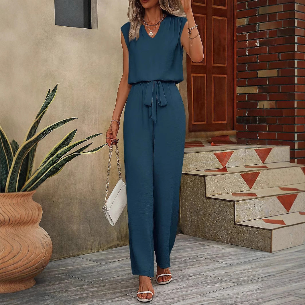 Women's Set with Sleeveless Top and Wide Pants – V-neck – Adjustable Waist – Breathable Fabric