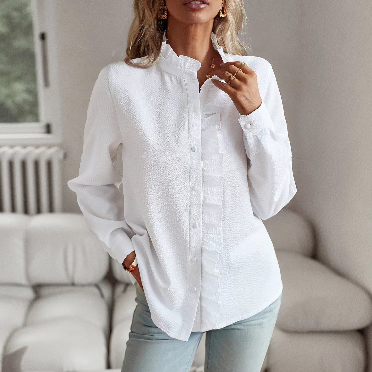 Women's Blouse – Long Sleeved – Button Closure – High Collar – Ruffle Detail