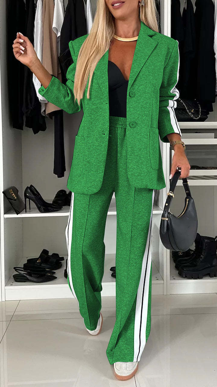 Women's Suit Set – Relaxed Fit – Blazer with Lapels – Pants with Side Stripe