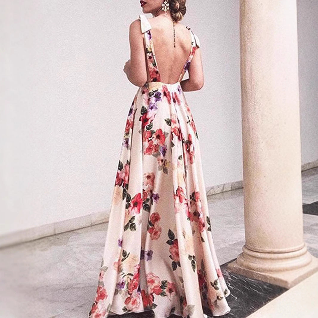 Dress woman maxi – A-line fit – Sleeveless backless – Floral print – Spaghetti straps