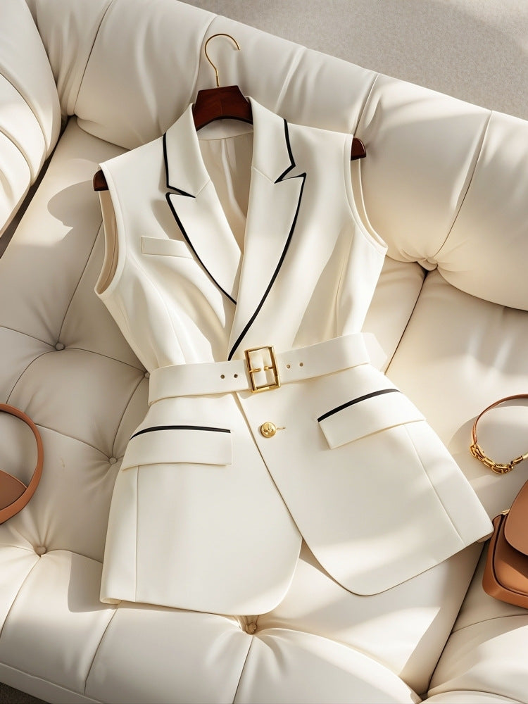 Women's blazer vest – tailored fit – waist belt – thigh-length – formal style