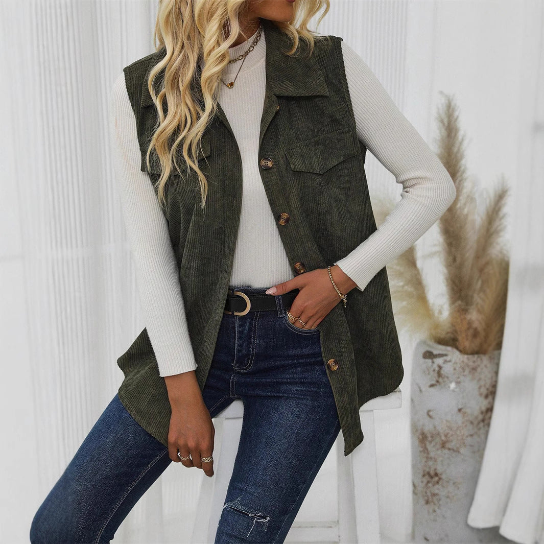 Women's Vest – Soft Corduroy – Relaxed Fit – Button Closure and Chest Pockets