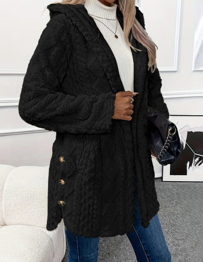 Women's Cardigan with Hood – Fleece – Relaxed Fit – Buttons – Mid-length