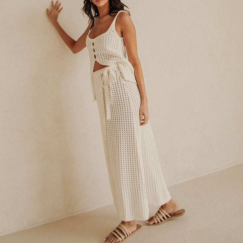 Women's Beach Set – Knitted Crop Top – Maxi Skirt with Slit and Tying