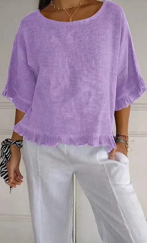 Women's Blouse – Linen and Cotton – Relaxed Fit – Ruffle Edge – Round Neck