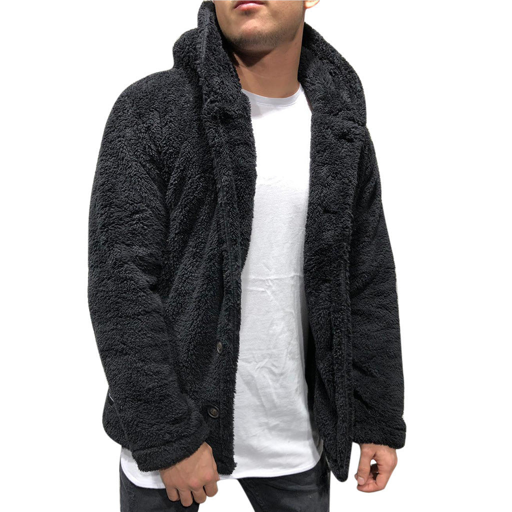 Men's Jacket with Hood – Plush Fleece – Relaxed Fit – Button Front
