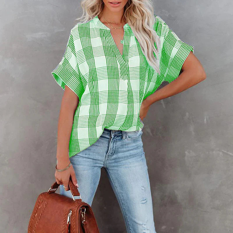 Women's Blouse – Relaxed Fit – Check Pattern – Light Cotton – Short Sleeves