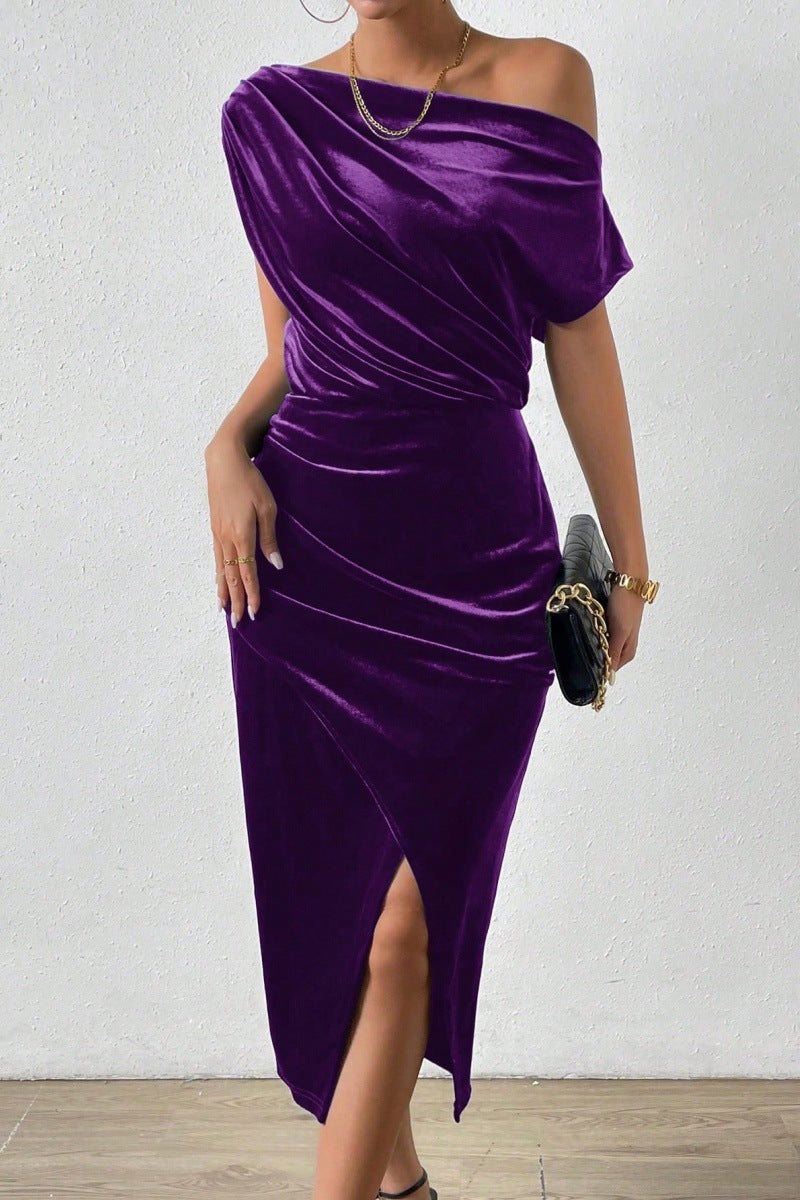 Dress for Women – One-Shoulder Design – Velvet – Draped Fit – Ruched Midi with Slit