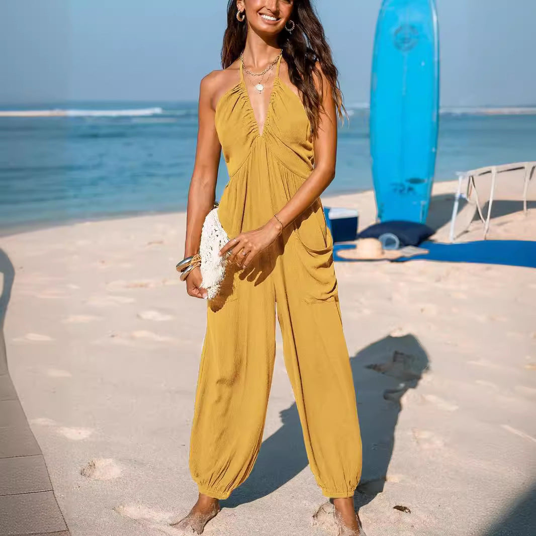 Women's Jumpsuit – Halterneck – Deep V-neck – Relaxed Fit – Tapered Legs – Pockets