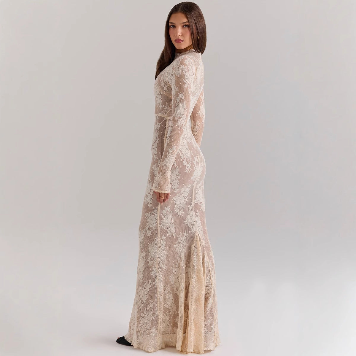 Dress for Women – Slim Fit – Lace – Long Sleeved – Floor Length with Mermaid Shape – High Neck
