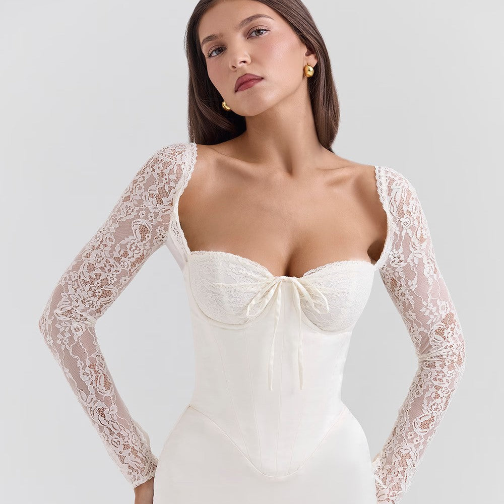 Dress for Women – Satin Bodycon Fit – Lace Sleeves – Heart Neckline