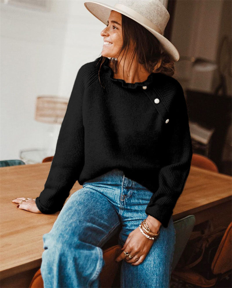 Women's Sweater – Wool Blend – Relaxed Fit – Ruffle Neck – Button Decor Shoulder