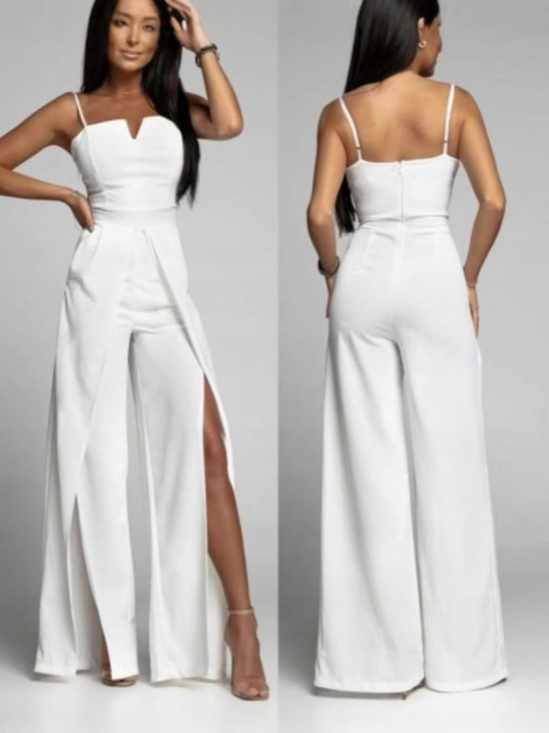 Dame Jumpsuit – Smal Passform – Stroppeløs – Vide Ben med Splitt – Elegant Festantrekk