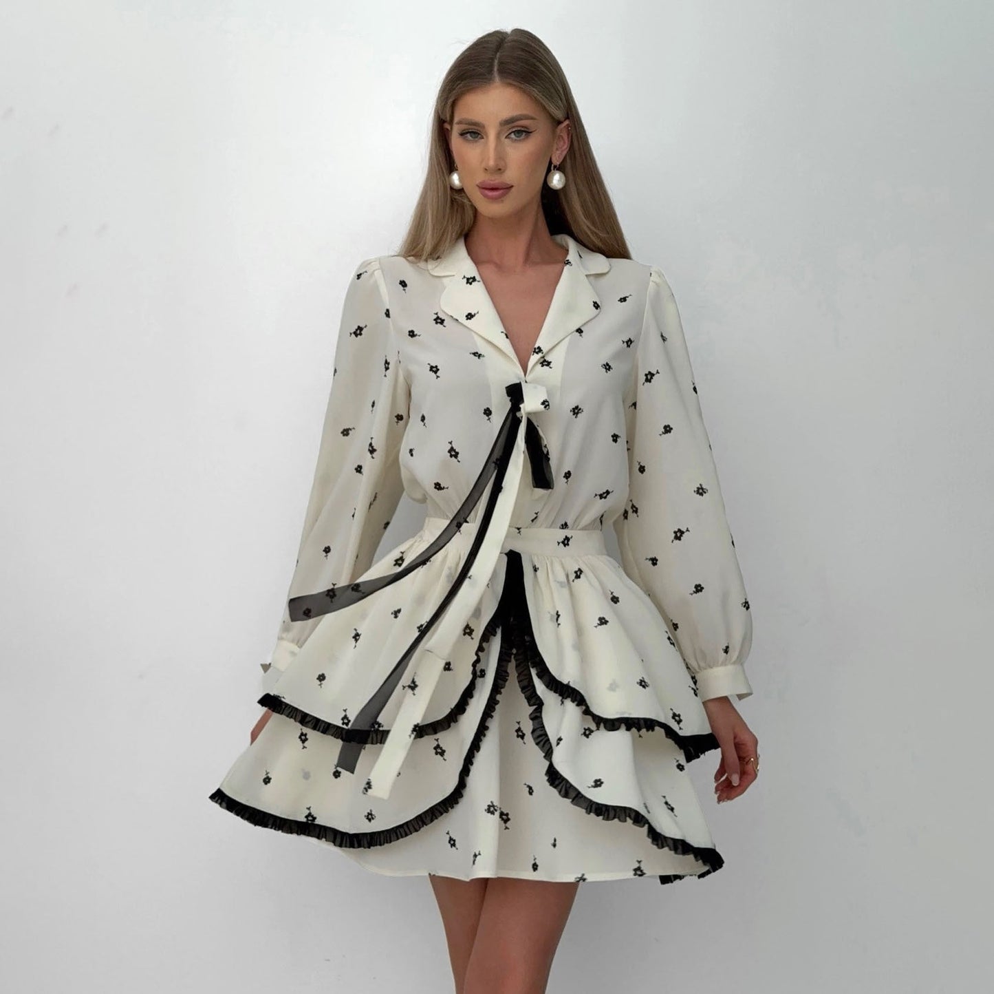 Dress for Women – Two-Piece Set – Chiffon – V-Neck – Ruffle Skirt – Tailored Waist