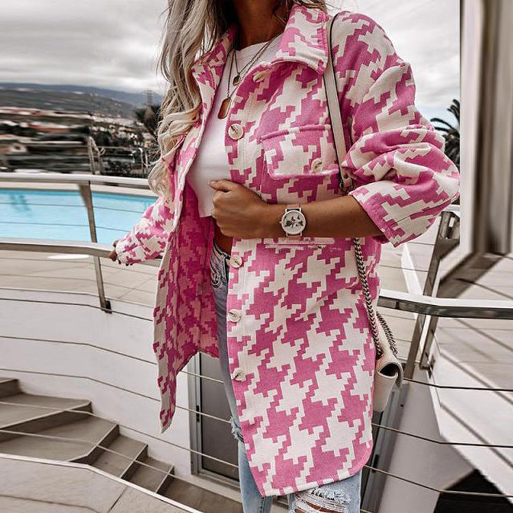 Women's Jacket – Oversize Fit – Cotton Feel – Houndstooth – Button Front – Chest Pockets