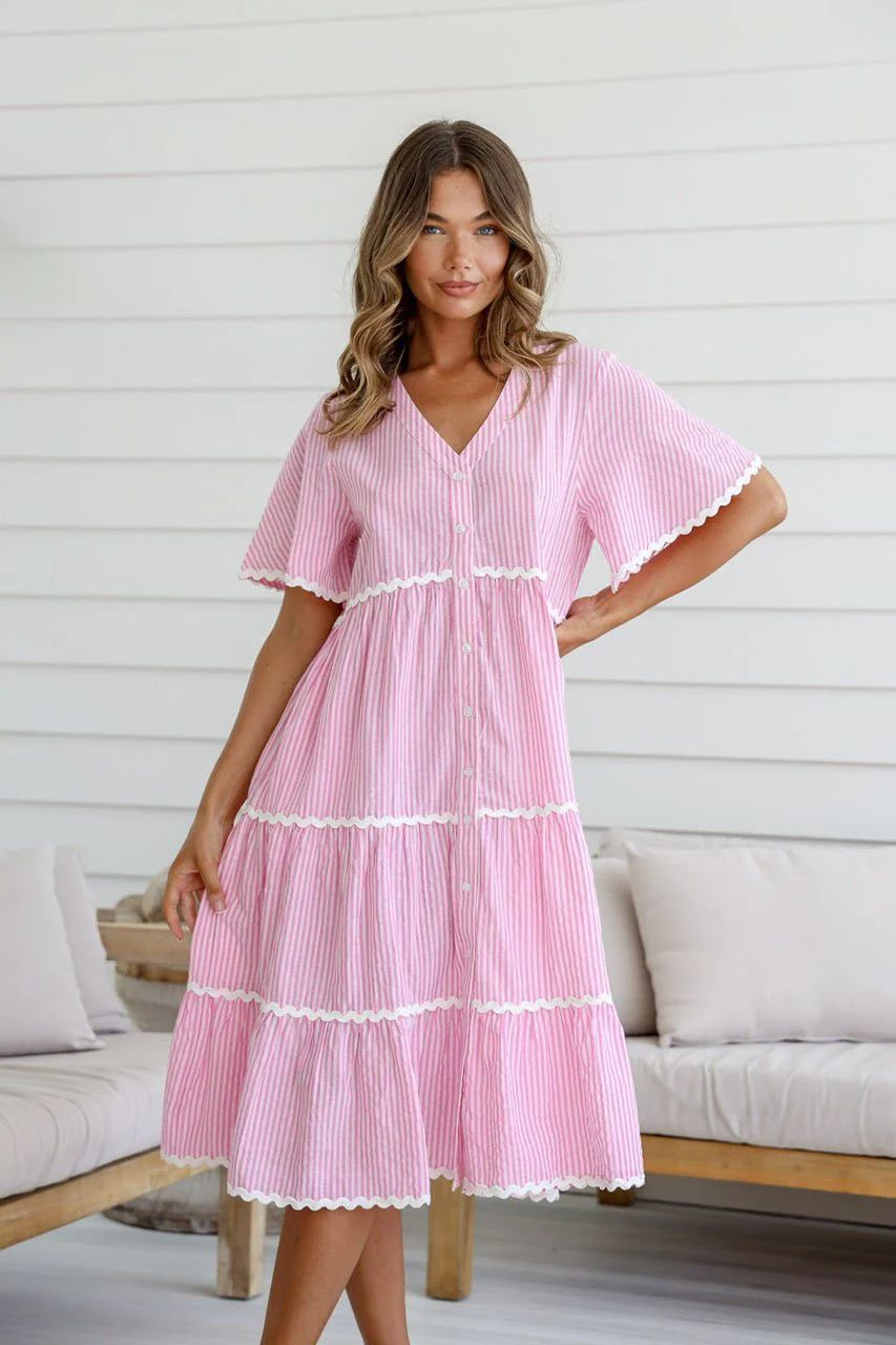 Dress for Women – V-neck – Loose Fit – Lace Trim – Knee-length with Ruffles