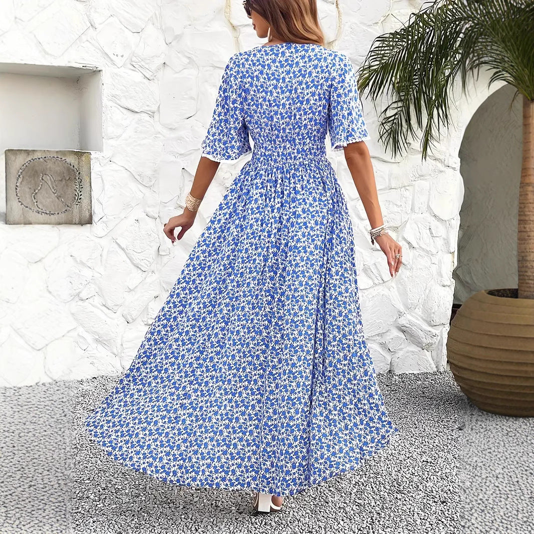 Kjole dame midi – Justerbar midje – V-hals – Blomsterprint – Kort erme – Splitt