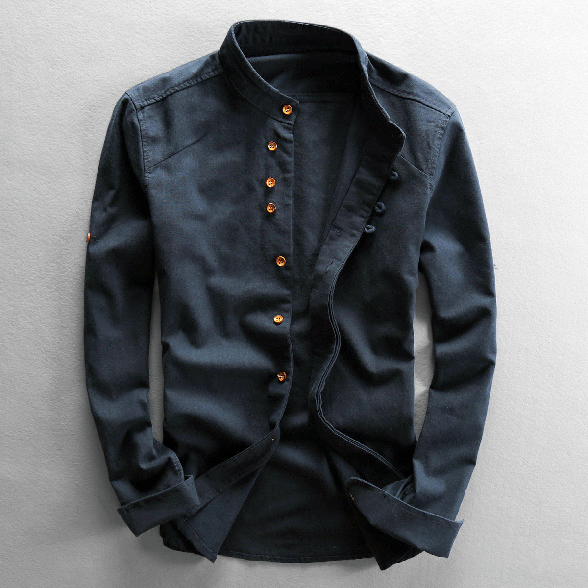 Men's Shirt – Linen – Relaxed Fit – Stand Collar – Long Sleeved with Buttons