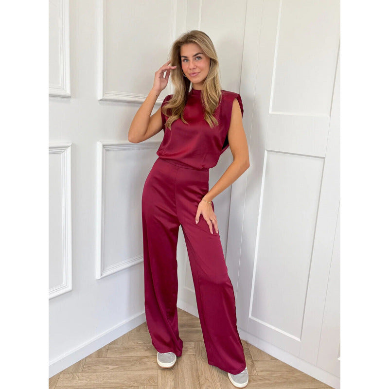 Women's Jumpsuit – Satin – Loose Fit – Sleeveless – Open Back – Wide Legs