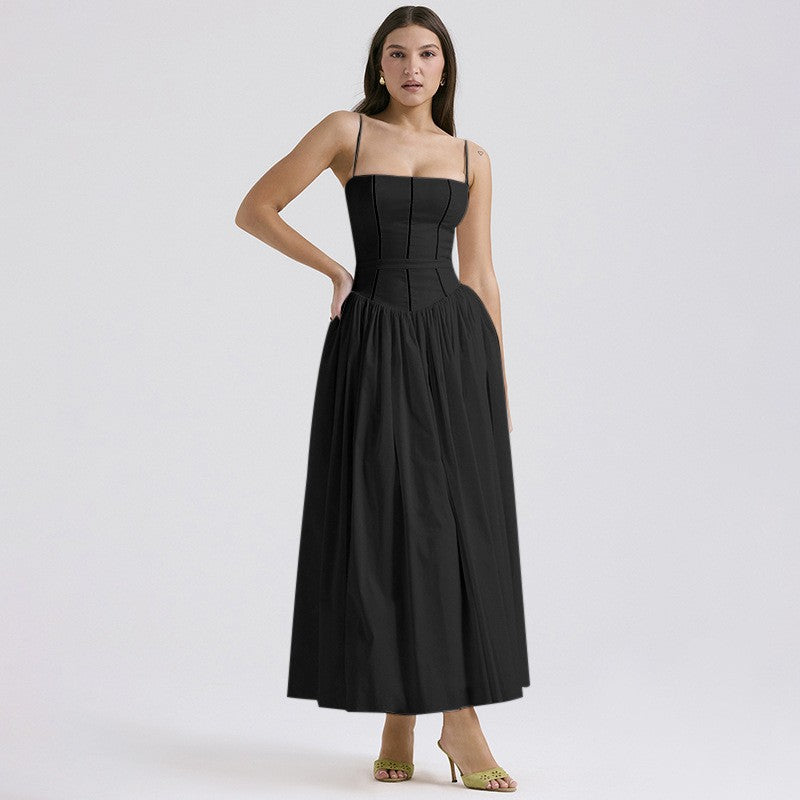 Dress woman midi – Slim fit – Square neckline – Spaghetti straps – Flared skirt