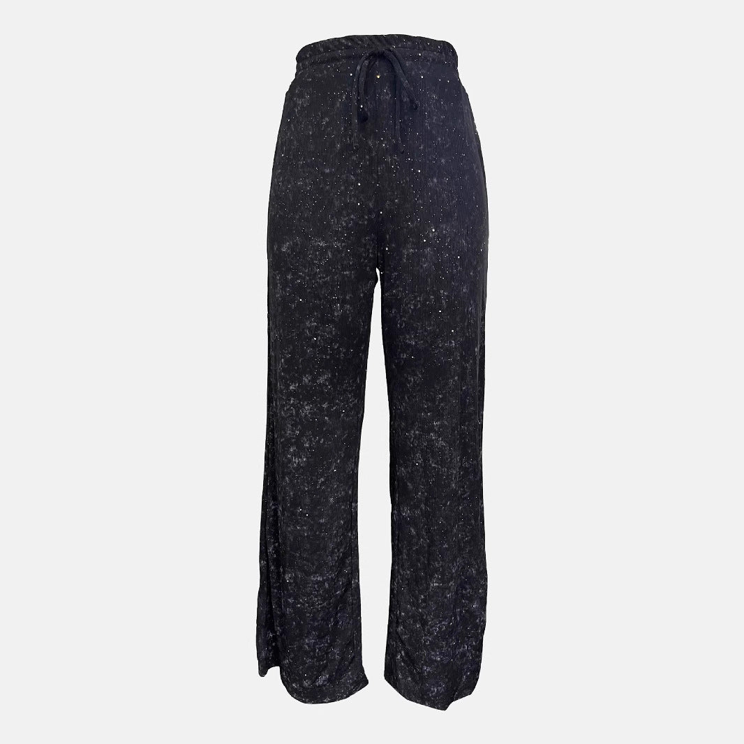 Women's Pants with Wide Legs – Glitter Details – Elastic Waist with Drawstring – Full Length