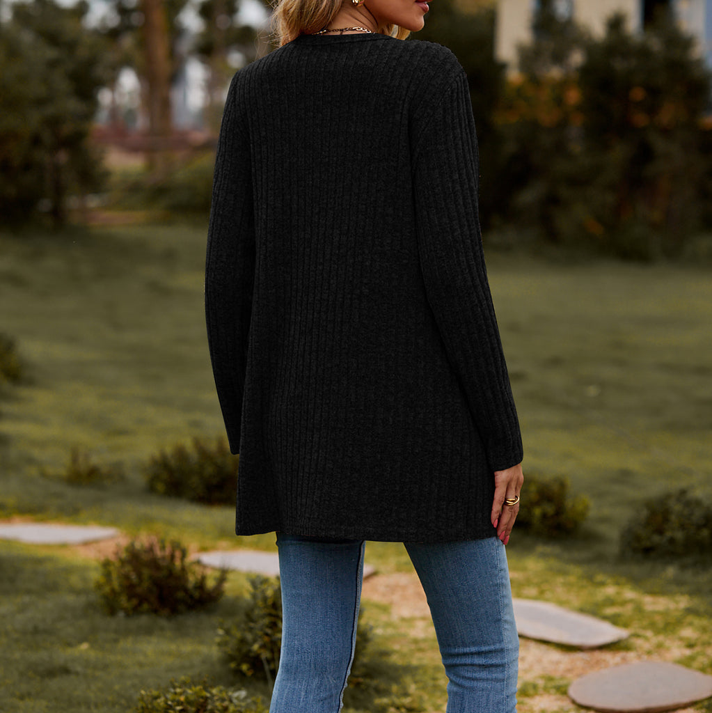 Women's Cardigan – Wool Knit – Relaxed Fit – Buttons – Rib Knit with Pockets