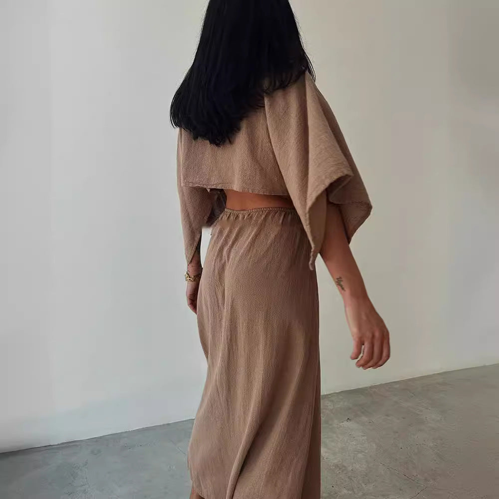 Women's Maxi Dress – Slim Fit – V-Neck – Linen-Cotton Blend – High Slit – Waist Cut-Out