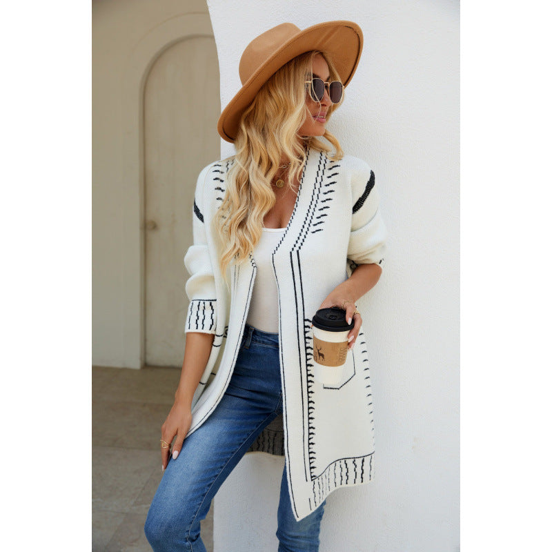 Women's Cardigan – Oversized Fit – Soft Knit – Jacquard Pattern – Mid-Length Layering