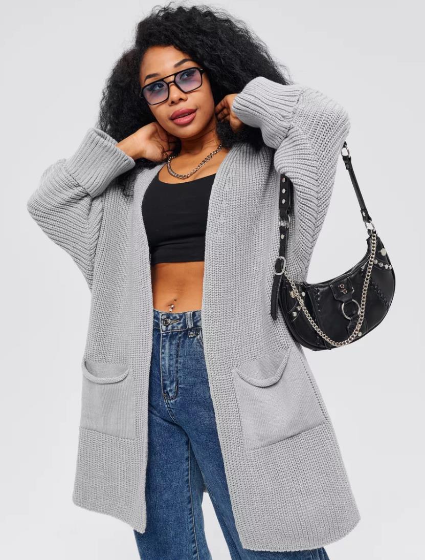 Women's Cardigan – Oversized Fit – Knitted Wool Blend – Ribbed Sleeves – Open Front