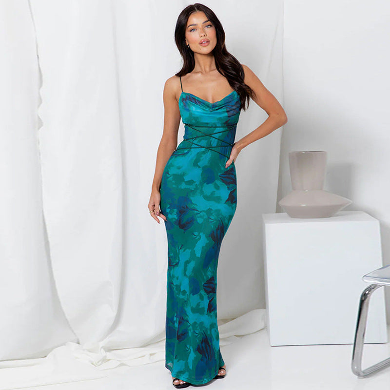 Dress for Women – Sleeveless – Slim fit – Cowl neck – Open back – Floral print – Ankle length