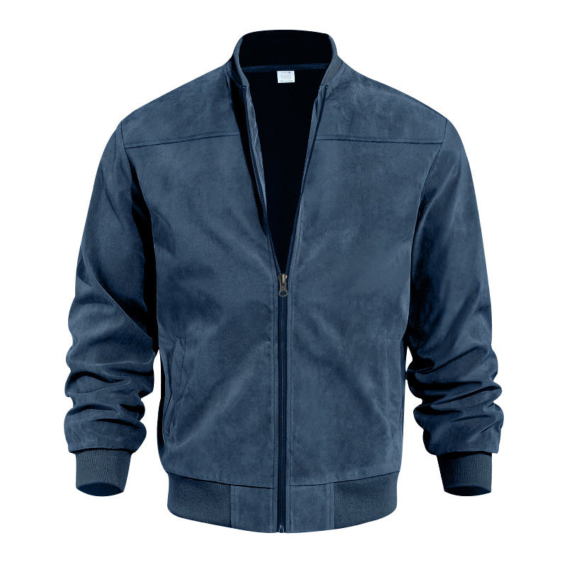 Men's Bomber Jacket – Suede Texture – High Collar – Elastic Hem and Cuffs