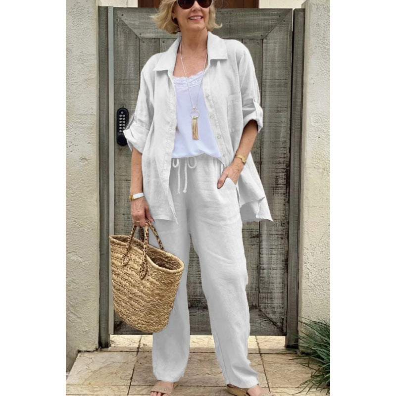 Women's Set with Shirt and Pants – Linen – Relaxed Fit – Buttons – Drawstring