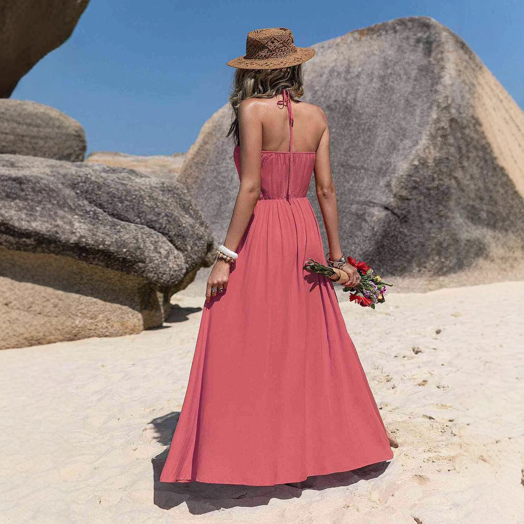 Women's Maxi Dress – Light Cotton – Halterneck – Front Tie – Relaxed Fit