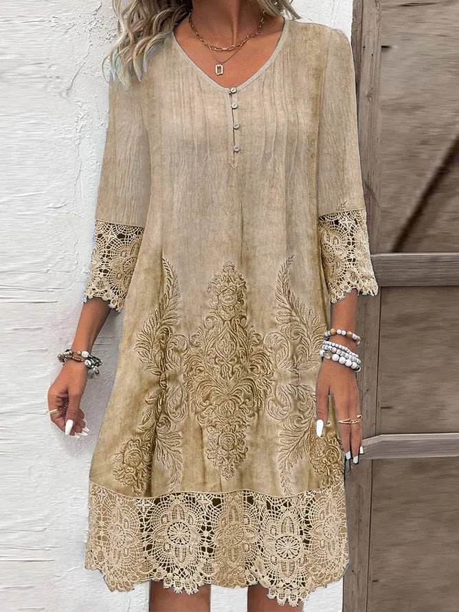 Dress Woman – A-line Fit – V-neck with Lace and Embroidery – Breathable Fabric – Midi Length – Elbow-length Sleeves