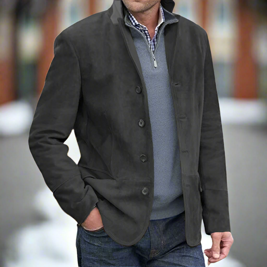 Men's Leather Jacket - Suede Leather - Classic Cut - High Collar - Button Closure